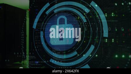 Abbildung: Symbol für Sicherheitsvorhängeschloss auf rundem Scanner und Binärcodierung gegen den Serverraum des Computers Stockfoto