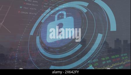 Bild des Vorhängeschlosses in Ladekreisen, Grafiken, Handelstafel über der Luftaufnahme der modernen Stadt Stockfoto