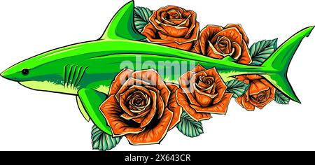 Handgezeichnete Illustration mit Hai, Pfingstrosen, Blumen. Stock Vektor