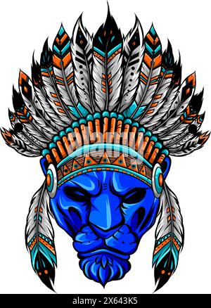 Löwe mit Kriegshaube. vektordarstellung auf weißem Hintergrund Stock Vektor