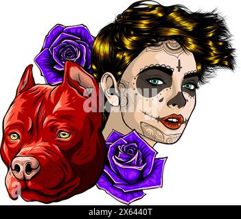 vektordarstellung des Sugar Skull mit Hund und Rose auf weißem Hintergrund. Digitale Zeichnung Stock Vektor