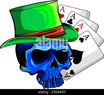 Pokerface Schädel und vier Asse-Vektordarstellung auf weißem Hintergrund Stock Vektor