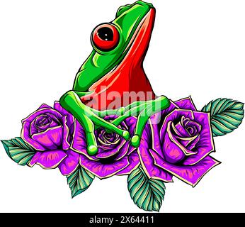 Vektordarstellung von Frosch und Blumen auf weißem Hintergrund Stock Vektor