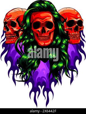 Goldener menschlicher Schädel mit blauen Flammen und Feuervektordarstellung auf weißem Hintergrund Stock Vektor