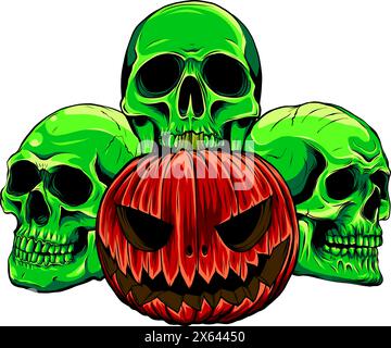 vektordarstellung eines halloween-Kürbiss mit Schädeln auf weißem Hintergrund. Digitale Zeichnung Stock Vektor