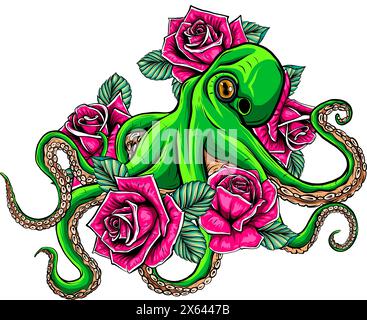vektordarstellung eines roten Kraken mit blauen Rosenblumen auf weißem Hintergrund. Digitale Zeichnung Stock Vektor