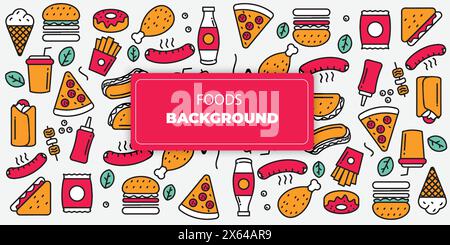 Nahtloses Lebensmittelmuster in modernen Farben. Speisen, Pizza, Burger, Getränke, Saucen und Sandwiches, Vektorhintergrund Stock Vektor