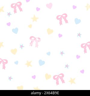 Illustration von rosa Band, Herz, Stern für Valentinskarte, Mädchenmuster, Kinderkleidung, Geschenkverpackung, Verpackung, Hintergrund, Stoffdruck, Tapete Stock Vektor