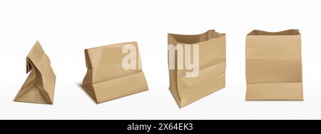 Braune Papiertüten isoliert auf transparentem Hintergrund. Vektor-realistische Illustration des Handwerkspakets Modell mit leerem Raum für Branding, Lebensmittelgeschäft, Supermarkt, Lebensmittelpapierpaket zum Mitnehmen Stock Vektor
