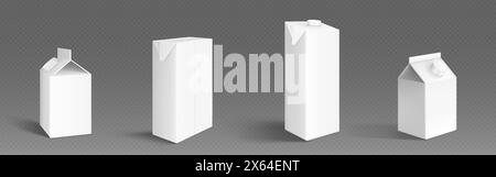Milch- oder Saftpackung mit Verschluss. Realistisches 3D-Vektor-Modell-Set aus leeren weißen Kartonverpackungen mit Deckel für Getränke. Leerer Karton für flüssiges Produkt. tetra-Verpackungsvorlage für Lebensmittel. Stock Vektor