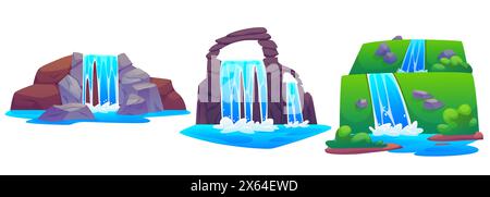 Wasserfall auf felsigem und mit grünem Grasberg bedeckt. Zeichentrickvektor-Illustration Set von Kaskade fallendes blaues Wasser des Baches von der Klippe. Fluss auf Steinhügeln für natürliche Landschaftsgestaltung. Stock Vektor