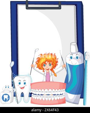 Karikaturzahnarzt mit Werkzeugen und lächelnden Zahnprodukten Stock Vektor