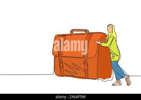 Durchgehende, einzeilige Zeichnung eine fröhliche arabische Geschäftsfrau umarmt den Koffer mit Geld. Arabischer Boss und Fall mit Bargeld. Erfolgreiches Geschäftsziel. Si Stock Vektor