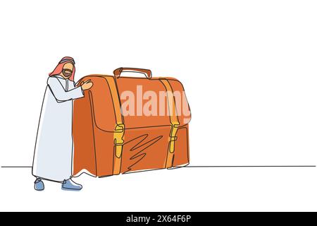 Eine einzige Linie zeichnet ein freudiger arabischer Geschäftsmann umarmt den Koffer mit Geld. Boss und Koffer mit Bargeld. Erfolgreiches Geschäftsziel. Moderne Verbindung Stock Vektor