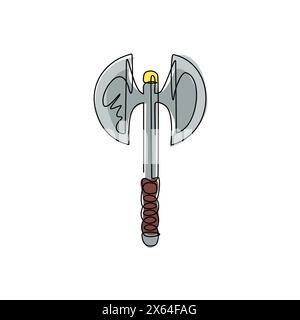 Eine einzige Linie mit breiter Axt, mittelalterlicher Axt, Kampfaxt, Henkeraxt. Element für Holzbearbeitung oder Holzfäller-Emblem oder -Symbol. Modern durchgehend Stock Vektor