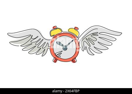 Einfaches, durchgängiges Zeichnungskonzept für Linien. Tischwecker mit Flügeln. Flache fliegende Uhr. Uhrzeitsymbol oder -Symbol. Geflügelter Wecker fliegt herein Stock Vektor