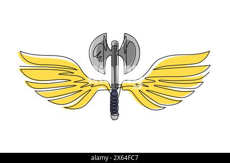 Durchgehende einzeilige Zeichnung Axe Wings Symbolvorlage. Schwarz-weißes geflügeltes Axt-Logo mit eleganten ausgestreuten Flügeln und Federn für Logo-Design. Einfach Stock Vektor
