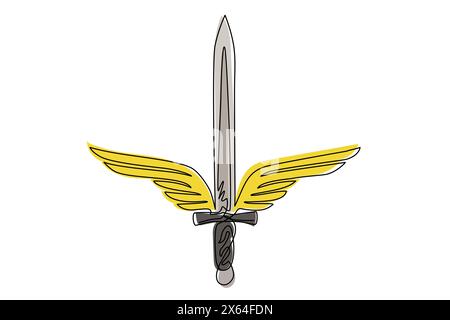 Einfache durchgehende Linienzeichnung für Schwertflügel-Symbole. Schwarz-weißes geflügeltes Schwert-Logo mit eleganten ausgestreuten Flügeln und Federn für das Logo-Design. Stock Vektor
