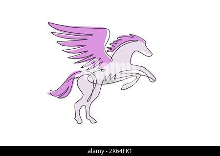 Einzelne durchgehende Linie Zeichnung pegasus geflügelter Hengst mythische Tierfigur. Vektorsilhouette des heraldischen Pferdes mit Mähne. Pferdelogo mit Flügelständer Stock Vektor