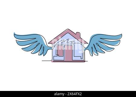 Einzelne durchgehende Linienzeichnung Flying House Logo mit Flügeln als Symbol für jedes Unternehmen, insbesondere für Hausgeschäfte, Immobilien, Architektur, Konstru Stock Vektor