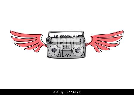 Einzelne durchgehende Linie mit geflügeltem Boombox-Schwarz-weiß-Musik-Emblem. Tonbandgerät monochrome Graffiti mit Flügeln. Symbol für Retro-Funkgerät. Dynamisch ein Stock Vektor