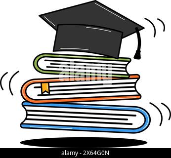 Zurück zur Schule Retro Groovy Art. Büchersatz und Abschlusskappe. Elemente auf einem transparenten Hintergrund. Stock Vektor