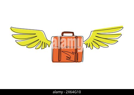 Aktentasche mit durchgehender Linienzeichnung und flachem Logo für Flügel. Reisekoffer im Flug isoliert. Symbol für Tourismus, Gepäck und Reise. Dynami Stock Vektor