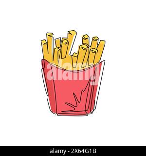 Eine einzige Zeile, die Pommes frites in einer Papierkarton zeichnet, isoliert. Flaches Symbol-Logo. Fette Pommes Frites Fast Food in roter Verpackung. Moderner Continuou Stock Vektor