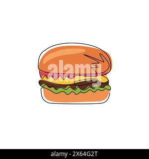 Hamburgersymbol in einer Zeile. Klassischer Burger amerikanischer Cheeseburger mit Salat Tomaten Zwiebeln Käse Rindfleisch und Sauce. Fast Food. Moderne Verbindung Stock Vektor