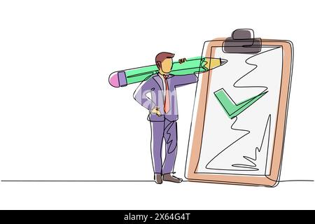 Eine einzige Zeile, die einen positiven Geschäftsmann mit einem riesigen Bleistift auf der Schulter in der Nähe markierte Checkliste auf Klemmbrett-Papier zeichnet. Erfolgreicher Abschluss von BU Stock Vektor