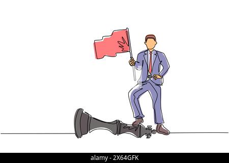 Durchgehend eine Linie zieht einen Geschäftsmann, der die Flagge hält, besiegt Konkurrenten im Geschäft als Siegerspiel. Erfolg der Unternehmensstrategie mit leistungsstarkem Mo Stock Vektor