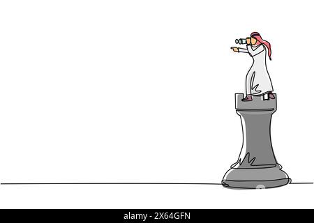 Eine durchgehende Linie zeichnet einen arabischen Geschäftsmann auf einem großen Turmschach mit Teleskop, der nach Erfolg, Chancen und zukünftigen Geschäften sucht Stock Vektor