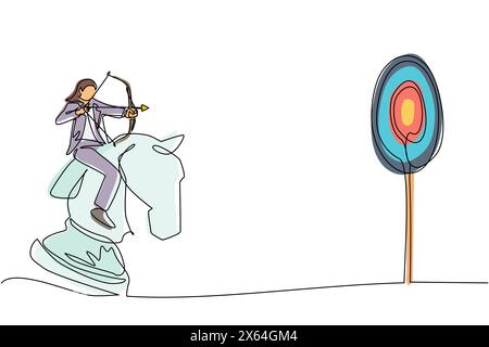 Durchgehende eine Linie, die junge Geschäftsfrau mit Bogenschießen auf das Ziel zieht, während sie Schachritter reitet, strategisches Konzept. Erfolgreicher Geschäftsmann Stock Vektor