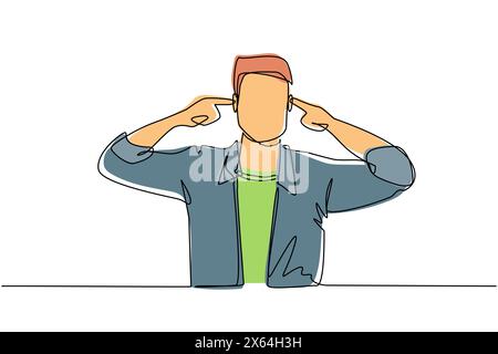 Durchgehend eine Linie zeichnender Mann, der die Ohren mit Fingern bedeckt, mit nervigem Ausdruck für das Geräusch von lautem Ton oder Musik, während die Augen geschlossen sind, im Stehen Stock Vektor