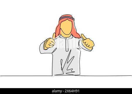 Einzelne durchgehende Linie, die selbstbewusste arabische Geschäftsmänner mit Daumen nach oben zeichnet. Aufgeregter Mann in traditioneller Kleidung, mit Daumen nach oben Schild. Deal, wie, A Stock Vektor