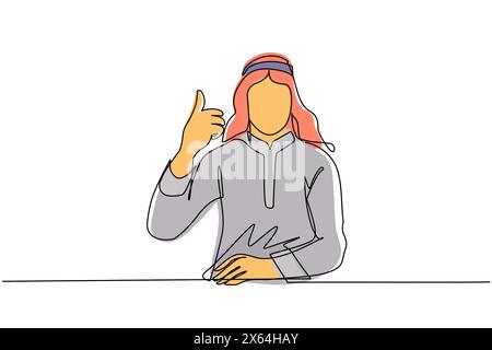 Eine einzige Zeile, die selbstbewusste arabische Geschäftsmänner mit Daumen nach oben zeichnet. Aufgeregter Mann in traditioneller Kleidung, mit Daumen nach oben Schild. Deal, wie, einverstanden, A Stock Vektor