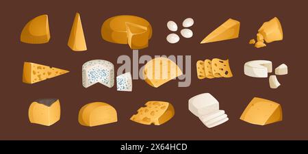 Große Auswahl verschiedener Käsesorten auf braunem Hintergrund. Vektorabbildung. Farbenfrohes und helles Set in realistischem Stil. Ideal für Poster und Stock Vektor