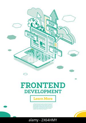 Frontend-Entwicklung. Isometrisches Konzept mit Laptop isoliert auf weiß. Erstellen eines Site-Layouts mithilfe von Programmiersprachen. HTML, CSS, PHP UND XML. Stock Vektor