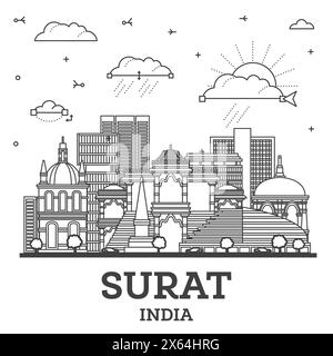 Umreißen Sie die Skyline von Surat India City mit modernen und historischen Gebäuden, isoliert auf Weiß. Vektordarstellung. Surat Stadtlandschaft mit Wahrzeichen. Stock Vektor