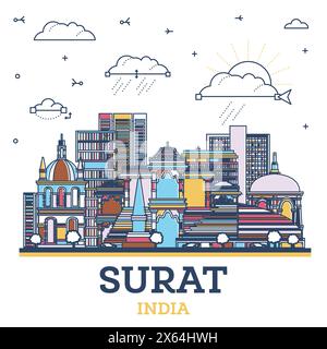 Umreißen Sie die Skyline von Surat India City mit farbigen modernen und historischen Gebäuden, isoliert auf Weiß. Vektordarstellung. Surat Stadtlandschaft mit Wahrzeichen. Stock Vektor