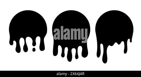 Tropfkreisetiketten lackieren. Schwarze Lackflüssigkeit. Tintentropfenset. Schwarzer Tintenfleck. Stock Vektor