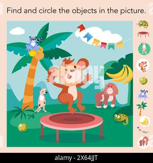 Puzzlespiel für Kinder. Objekt suchen. Zeichentrickdarstellung. Niedlicher Affe im Dschungel. Vektorillustration, Szene für Design. Stock Vektor