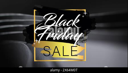 Bild des schwarzen freitagsverkaufstextes über aufgerolltem schwarzem Papier auf schwarzem Hintergrund Stockfoto