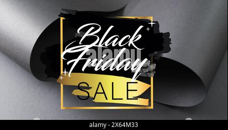 Bild des schwarzen freitagsverkaufstextes über aufgerolltem schwarzem Papier auf schwarzem Hintergrund Stockfoto