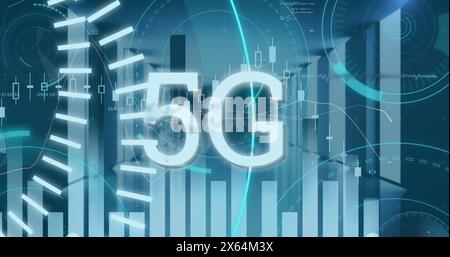 Bild von 5g-Text, Rundscannern und statistischer Datenverarbeitung im Serverraum Stockfoto