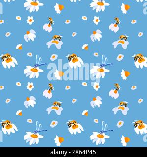Sommer Hintergrund Gänseblümchen Biene hellblaues nahtloses Muster Frühling weiße Wiese Blume Ornament Verpackung Stoff Tapete Textilmosaik Stock Vektor