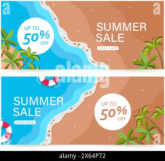 Hallo Sommer Rabatt Promotion Label Top View of Sunny Beach mit Ozeanwellen, aufblasbaren Ringen, Kokospalmen. Vektorabbildung in abgewickelter Form. Stock Vektor