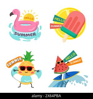 Sommer-Set mit Verkaufs- und Geschenkanhänger, lustige Sommer-Kalligraphie mit lustigen Ikonen. Sammlung von Abzeichen. Vektor. Stock Vektor