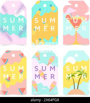 Sommer-Verkaufsanhänger, Sommer-Verkaufs- und Geschenkanhänger, Etiketten mit lustigen Elementen, Kollektion mit tropischen Palmblättern, Pflanzen, Zitrone, Ananas und vieles mehr Stock Vektor