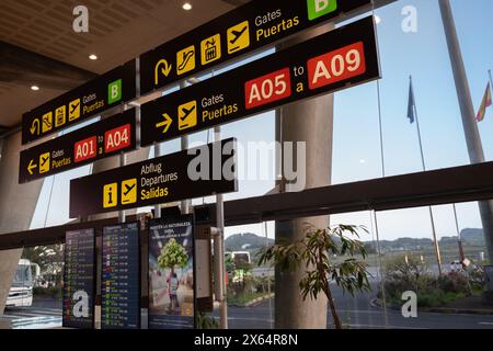 Ein Schild mit einem grünen Baum hängt in einem Fenster. Das Schild ist auf Spanisch und zeigt auf ein Flugzeug Stockfoto